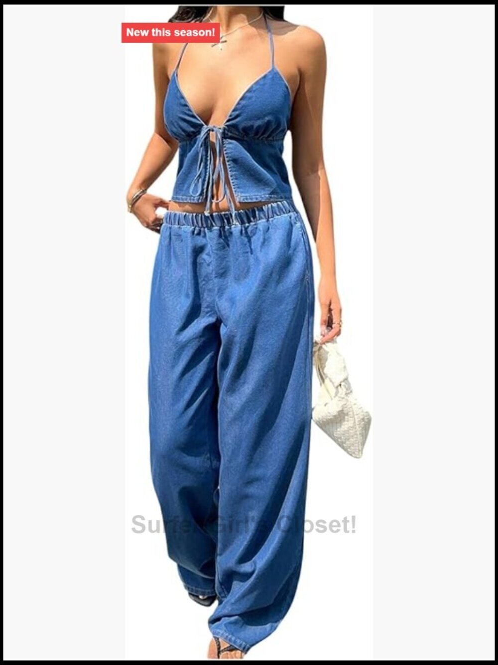 2 Piece Denim Outfit V Neck Cami Crop Top Wide Leg Jeans Y2K Going Out Set